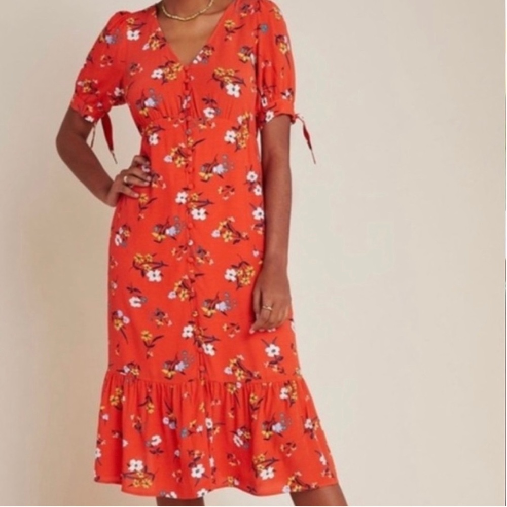 NWT Anthropologie Maeve Eudora Midi Dress Orange Floral Retro Button Front